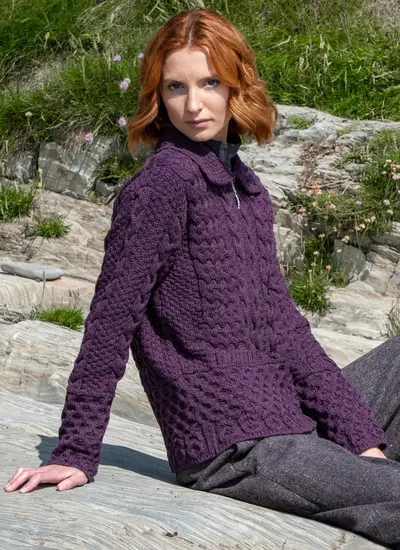 Lifestyle shot Grace Full Zip Aran Cardigan in Purple Marl